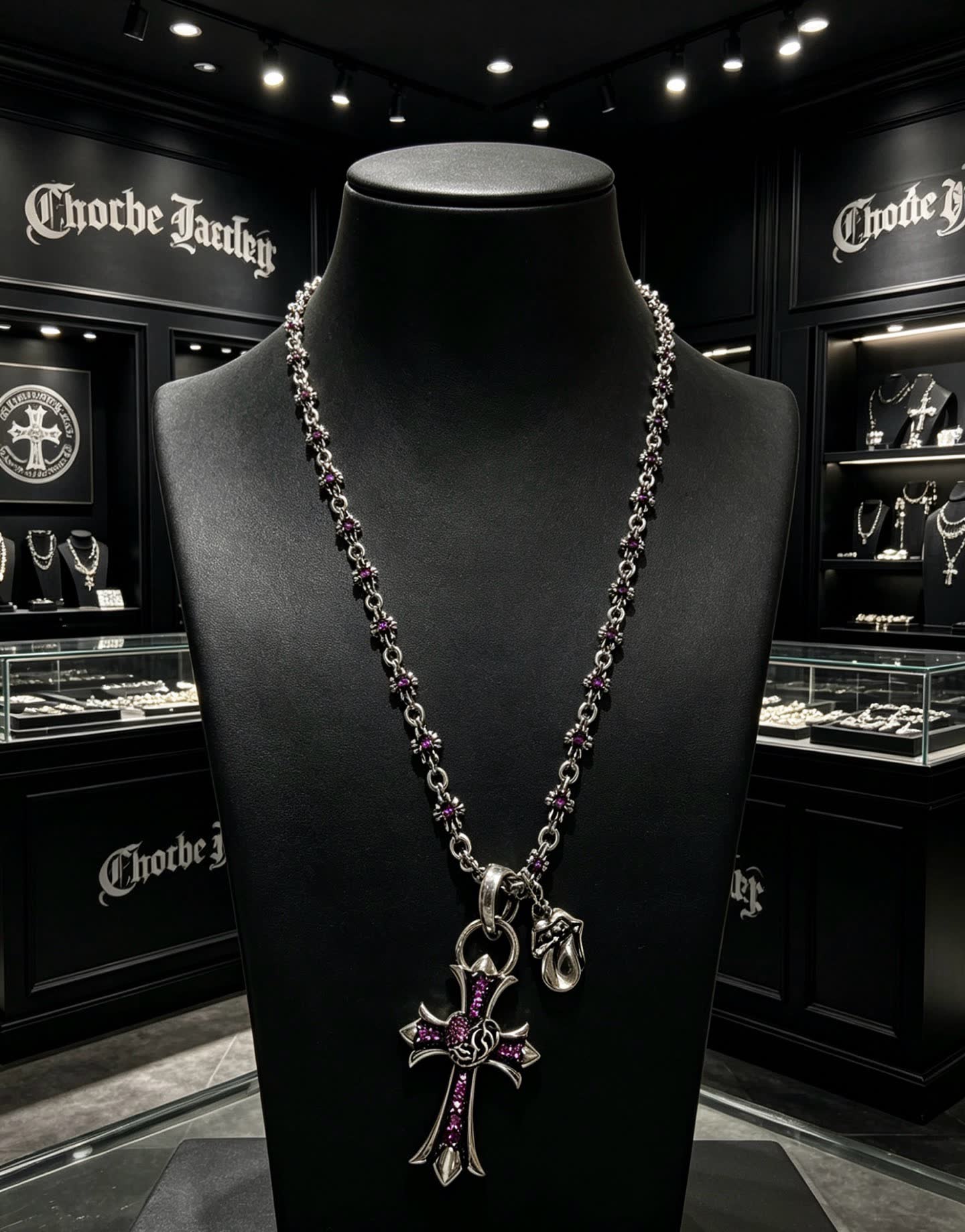 Chrome Hearts Black Cross Necklace with Pink Stones